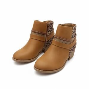 Jellypop Girls Ankle Boots Size 4M Brown Faux Leather Side Zip Strap Accent